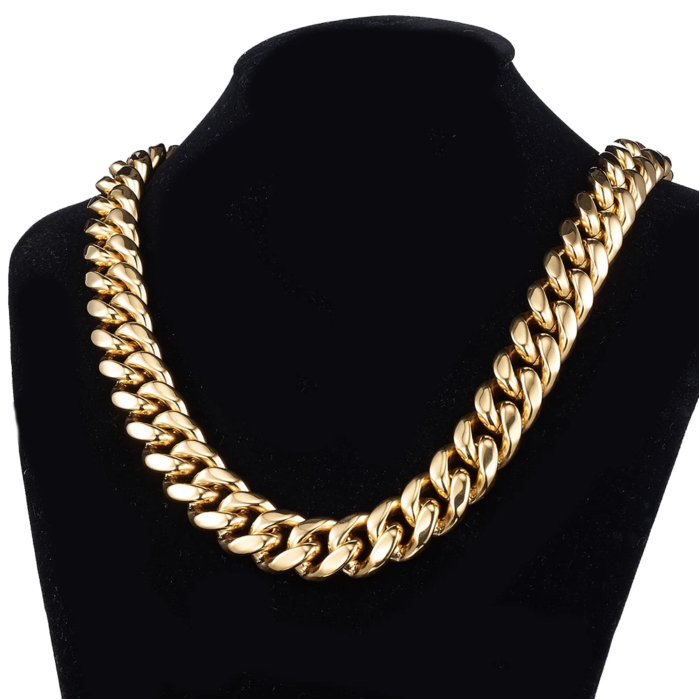 22mm Wide Golden Stainless Steel Heavy Cuban Link Chain Necklace for Rapper Women Men