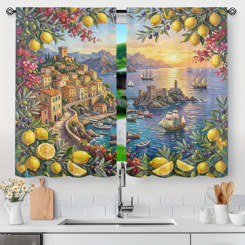 Elegant Mediterranean Lemon Tree Curtains Italian Coastal Seaside Window Decor Summer Beach Print Filtered Light Shower Curtain