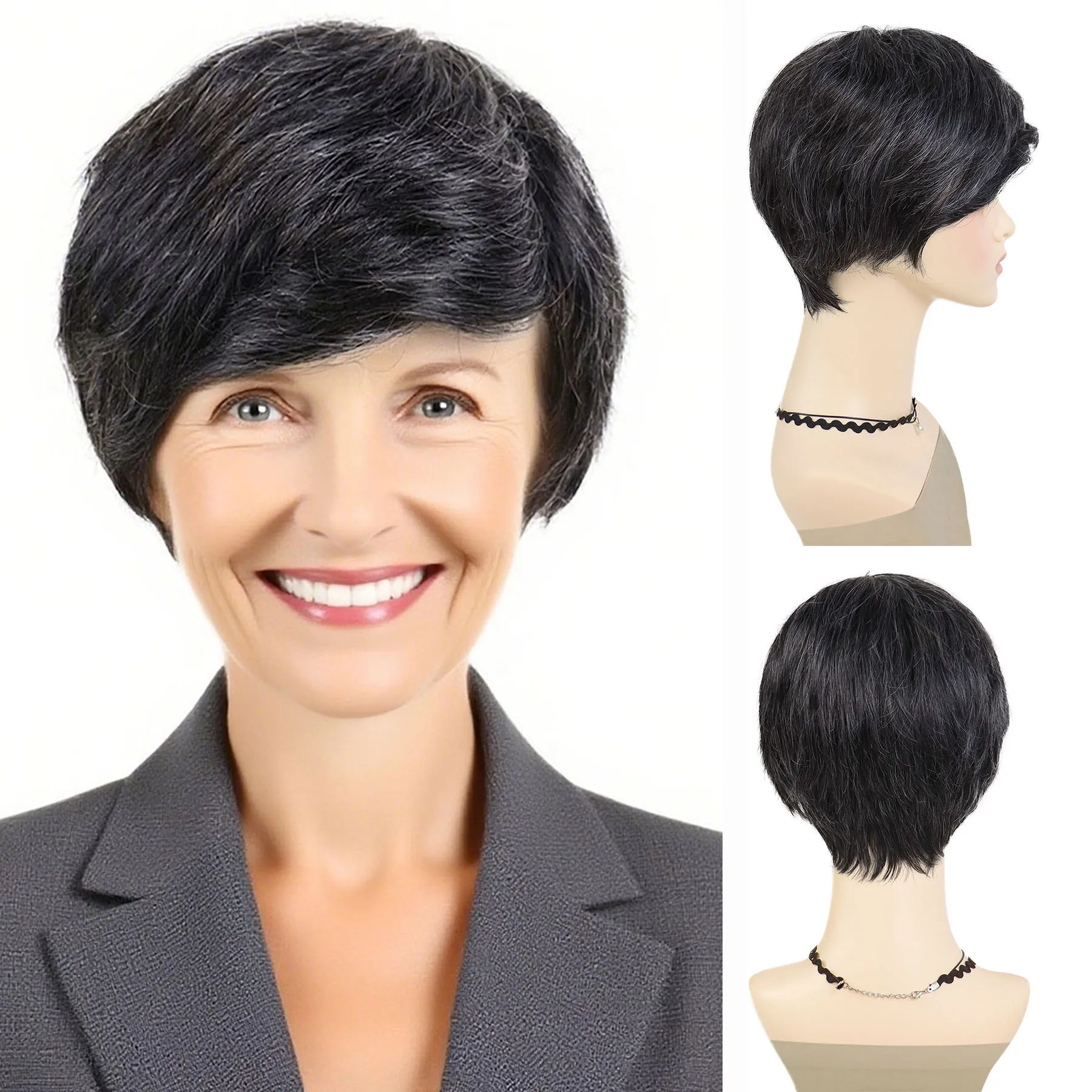 

Mix Black Wig Synthetic Hair Short Straight Wigs with Side Bangs for Women Old Lady Daily Costume Natural Looking Casual Wig