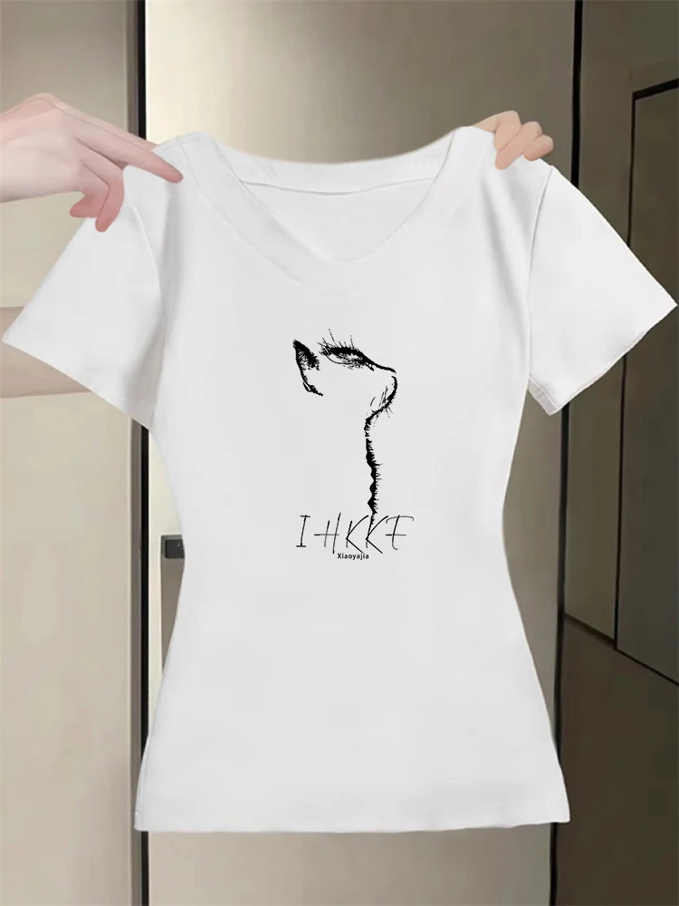 

Faionable Summer ort Sve V-Ne Print Top Women's Slim Fit Waist-Cut oulder T-irt Korean Sle Commute Wear