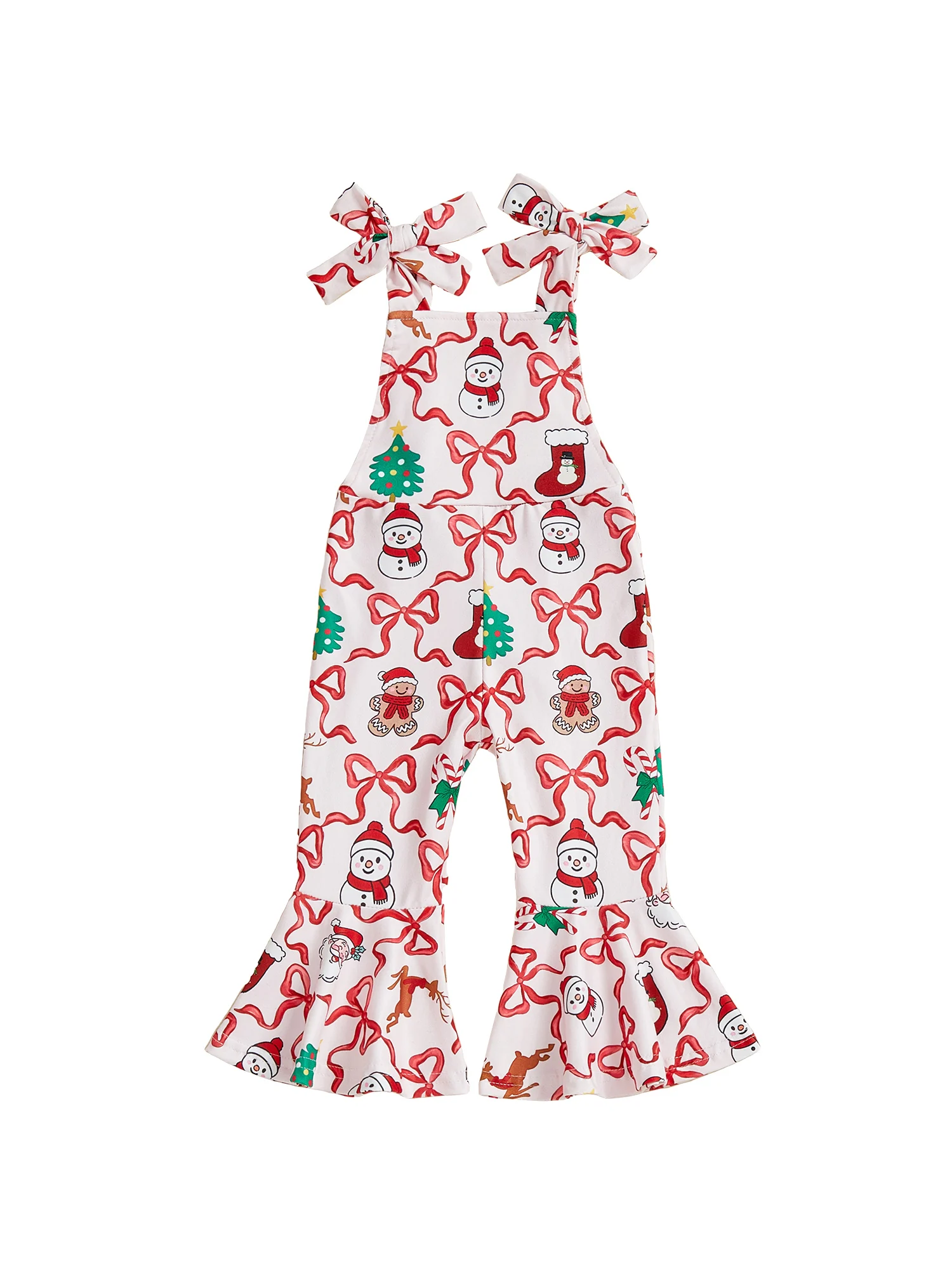 Pantalones acampanados navideños para niñas pequeñas, mono con estampado de lazo de muñeco de nieve, sin mangas, con parte inferior acampanada