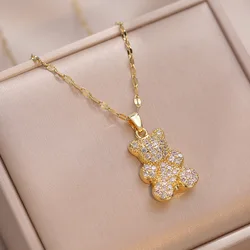 Fashion Cute Zircon Bear Pendant Necklaces for Women Men Classic Stainless Steel Chain Jewelry Accessories Gifts for Lover