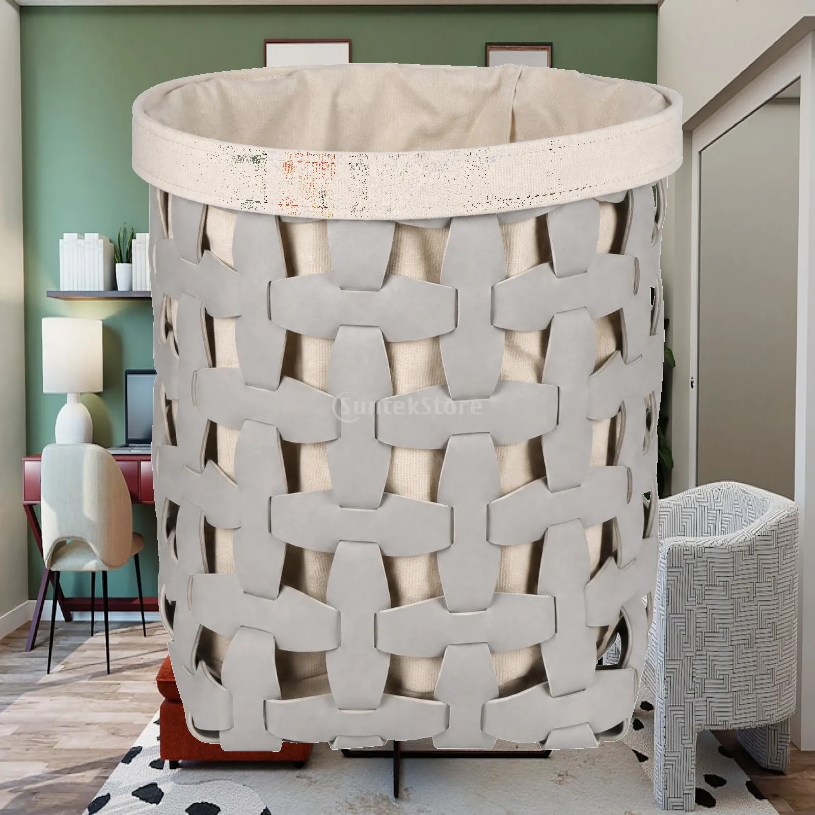 White Dirty Clothes Basket Leather Woven Pattern Fabric Interior Reinforced Edge Tall Laundry Hamper for Linens Towels Household