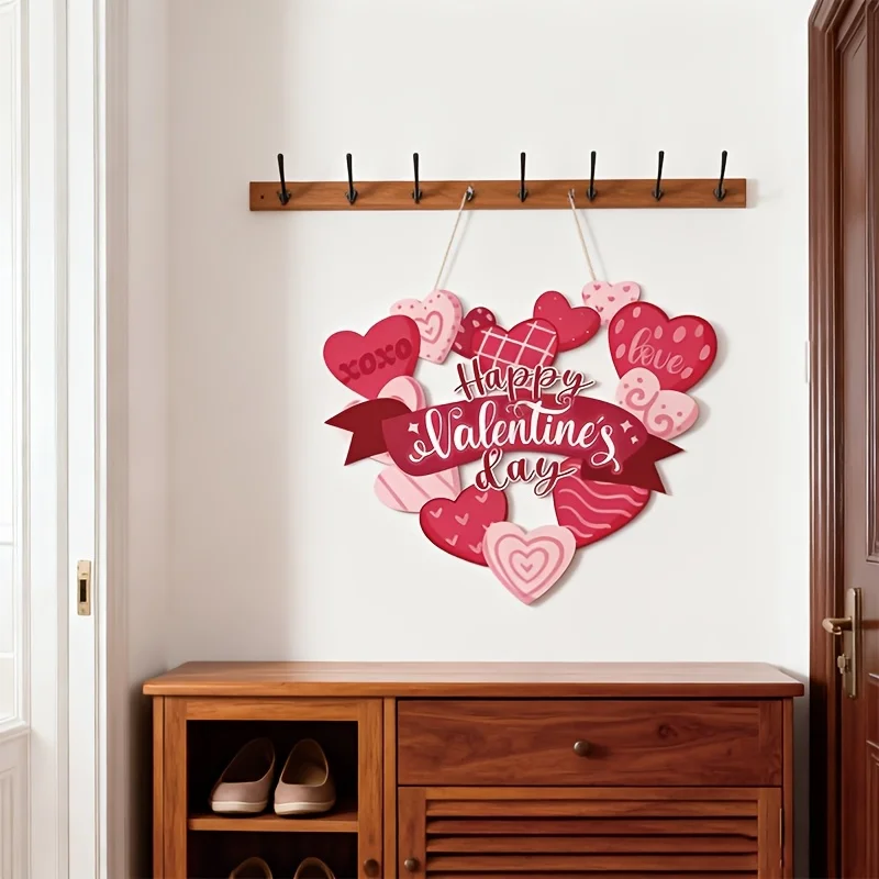 Happy Valentine's Day Wooden Hanging Sign, Heart Shape Wood Plaque, Romantic Front Door Wreath Sign for Valentine Home Wall