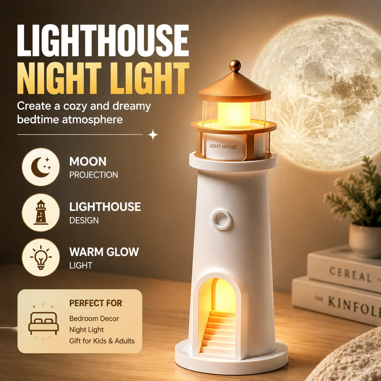Projected moon lighthouse night light remote control switch adjustable brightness suitable for Christmas and birthday gifts