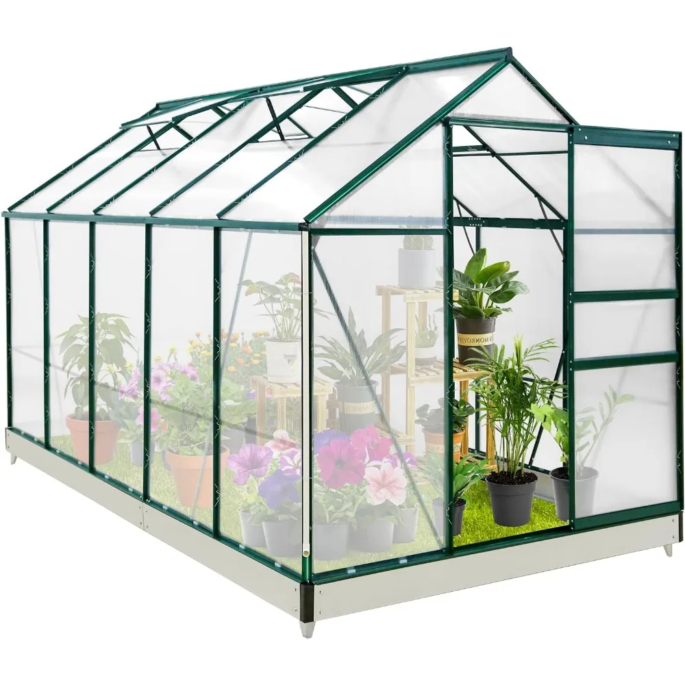 10x6x7 Outdoor Walk-in Hobby Greenhouse with Adjustable Roof Vent, Rain Gutter, Base and Anchor, Green House for Backyard Garden