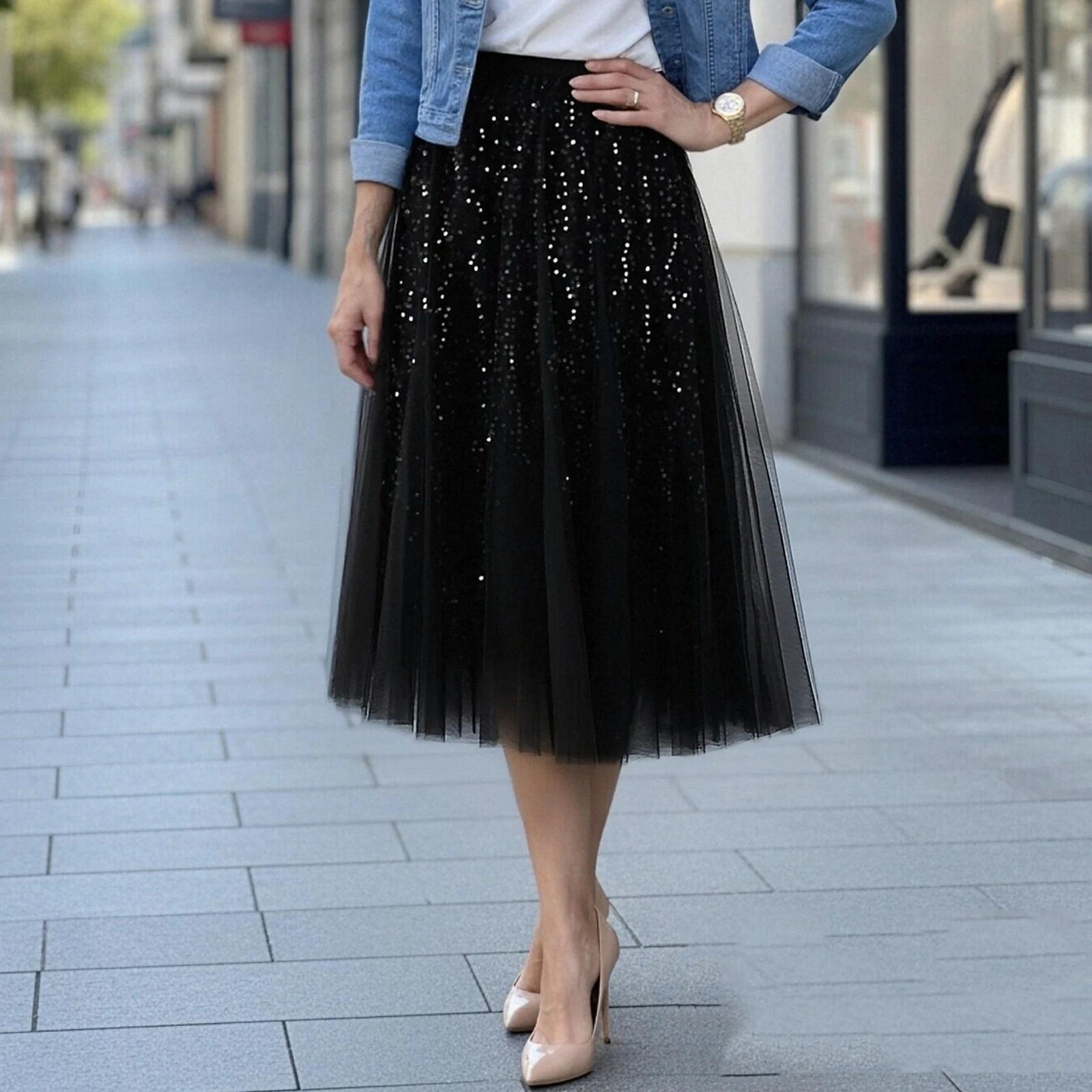 2026 Collection Women Sequin Midi Mesh Skirt High Elastic Waist Sparkly Tulle Skirts for Daily Office Party Club