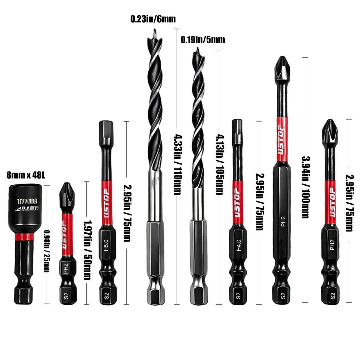 8-Piece S2 Steel Multi-Functional Impact Bit Set, Including Socket/Hexagon Bits/Woodworking Drill Bits/Phillips Bits, Strong Magnetic, Anti-Twist, High Hardness Repair Tools