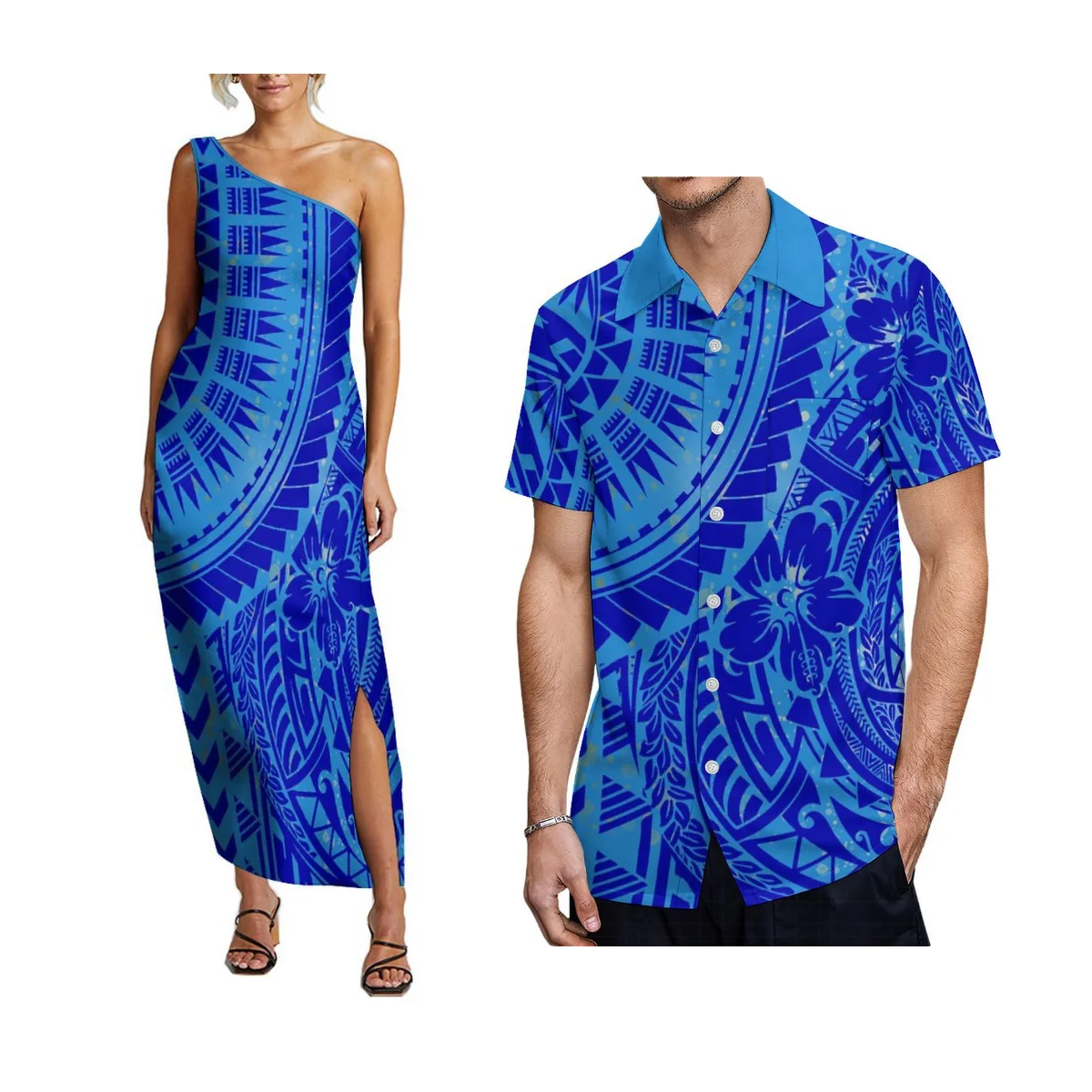 Sleeveless Slouchy Dress Sexy Split Design Samoa High Quality Men'S Shirt Polynesian Fashion Couple Set