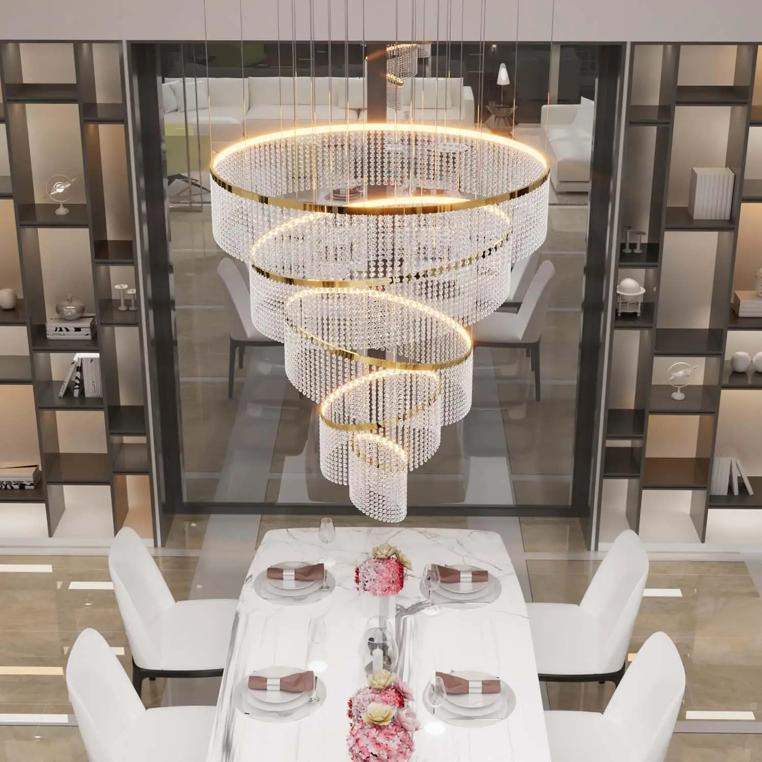 Large Crystal Chandelier Ring For High Ceiling Modern K9 Crystal Raindrop Chandelier Round Staircase Foyer Villa Led Dimmable
