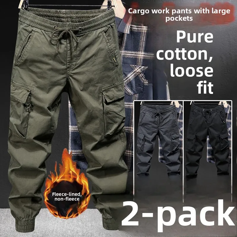 

Loose Cotton Work Trousers for Men Autumn Winter Thiened Casual Cargo Pants Wear Resistant Multi kets Loose Fit Trousers