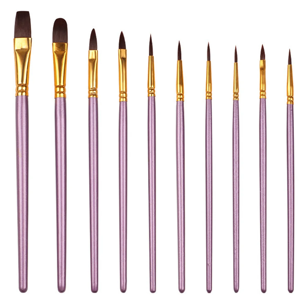 Conjunto de pincéis de pintura a óleo, cabo roxo, aquarela, nylon, lã, cabo de madeira, pincéis de arte para pintura em tela, com 10 peças