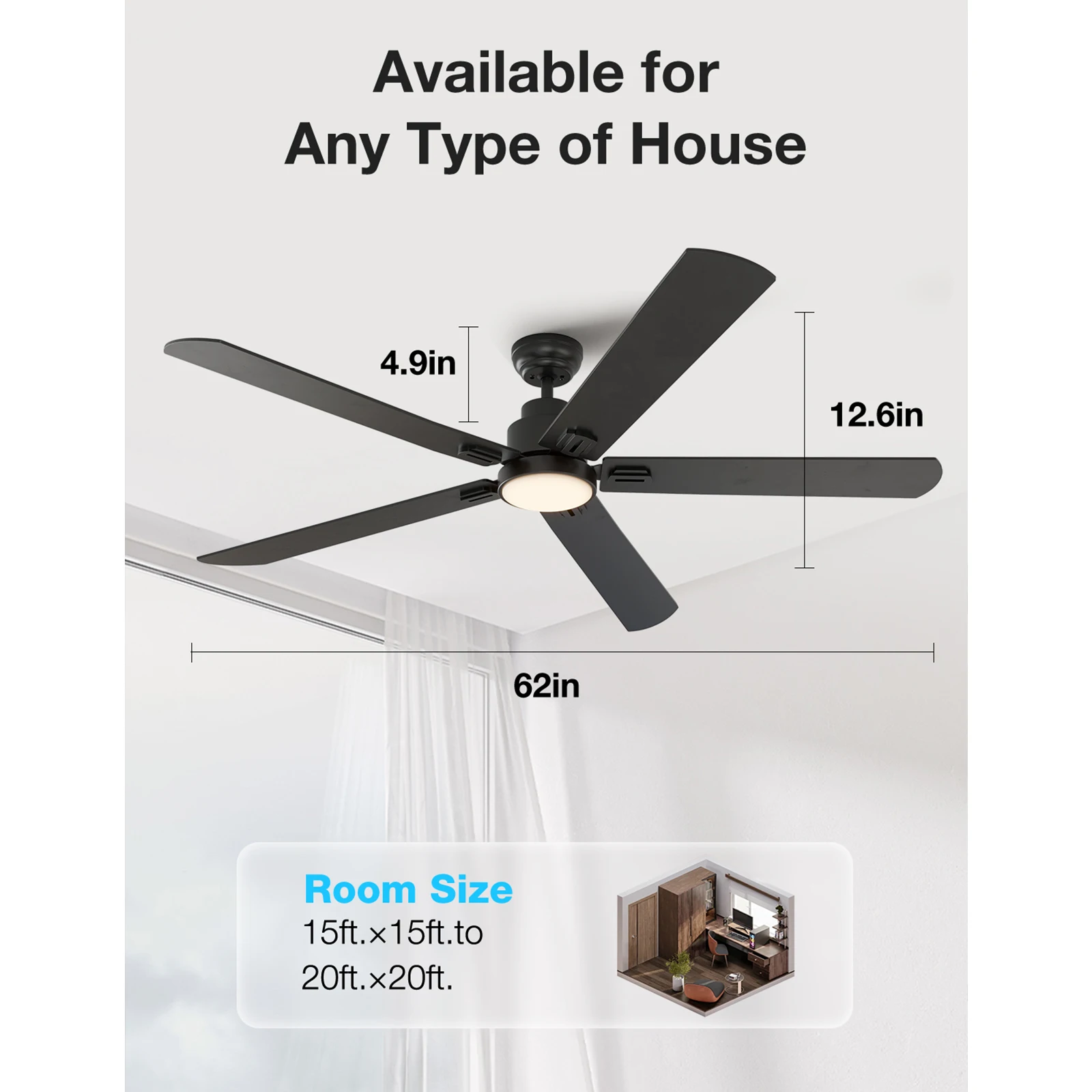 Ventilatori da soffitto neri da 62 pollici (5 pale) con luci a LED e telecomando