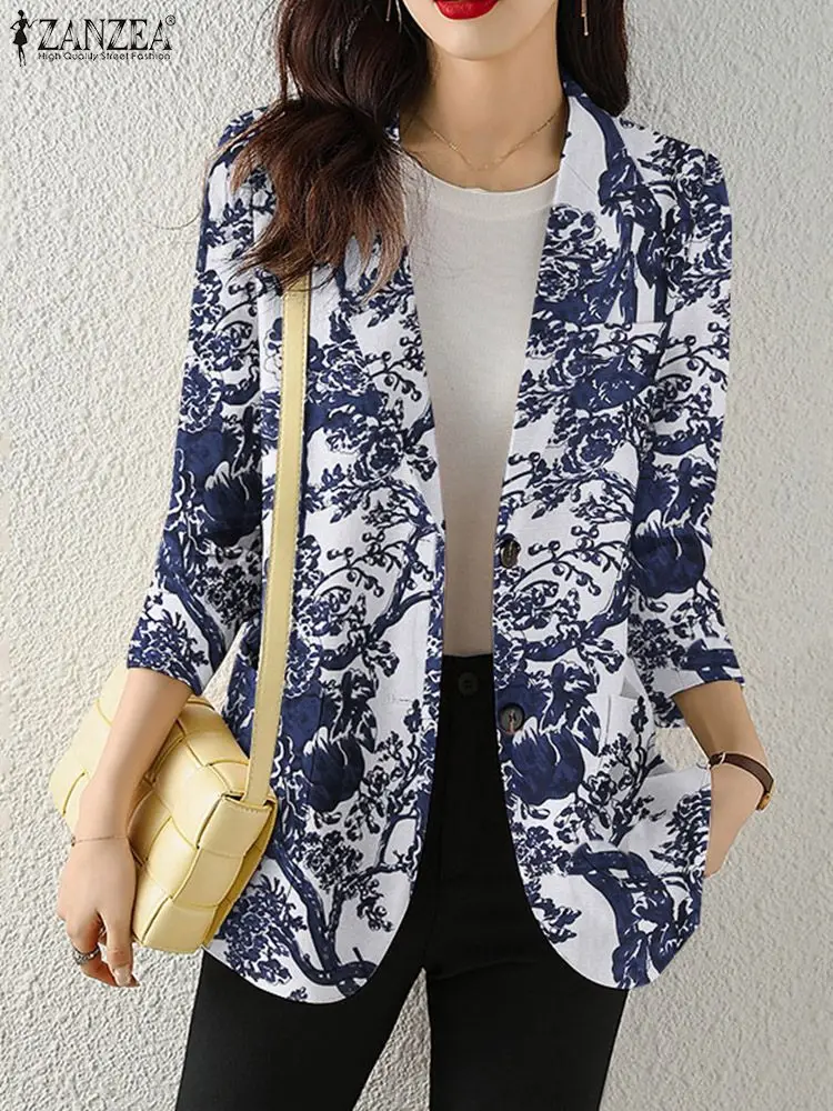 ZANZEA-Blazer de manga larga para mujer, chaqueta con estampado Floral bohemio, traje de solapa para primavera, camisas elegantes informales, abrigo