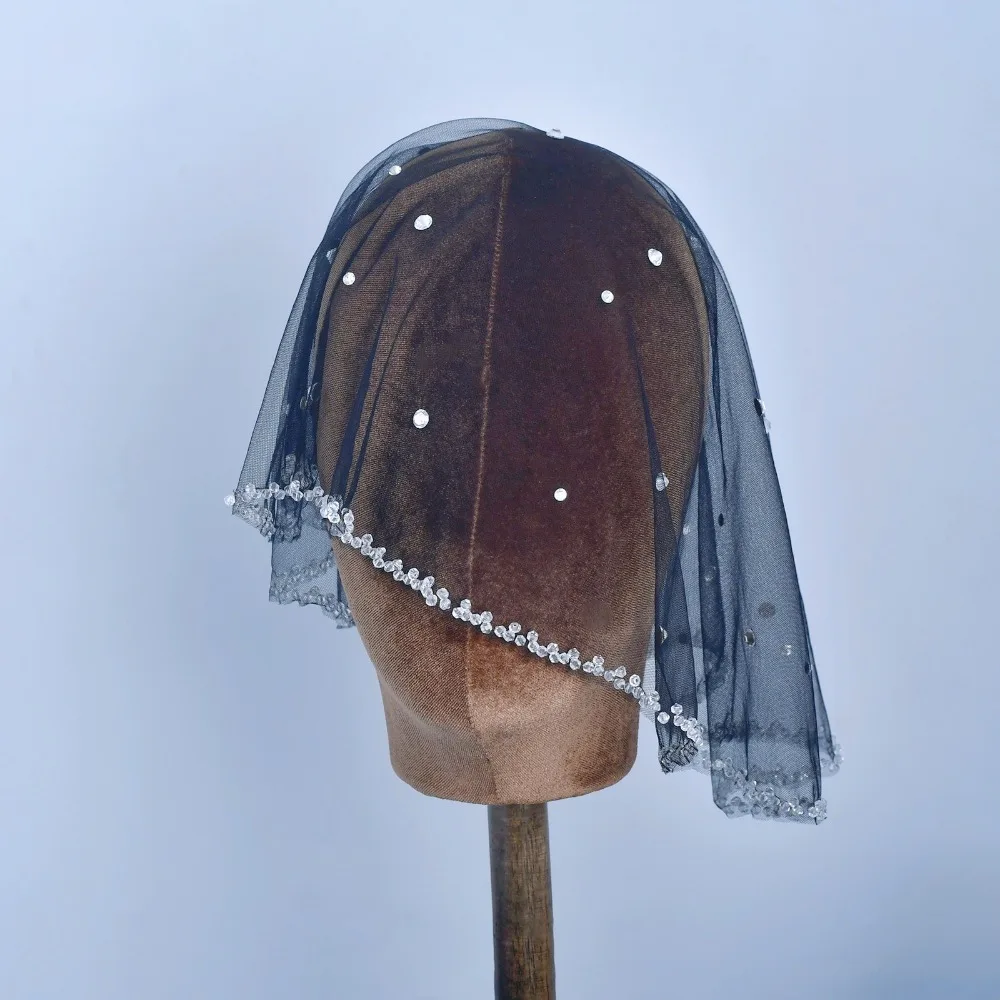 

Luxury Black Rhinestone Short Blusher Veil with Bead Edge Wedding Veil for Bride Wedding Accessories Women's Wedding Dress