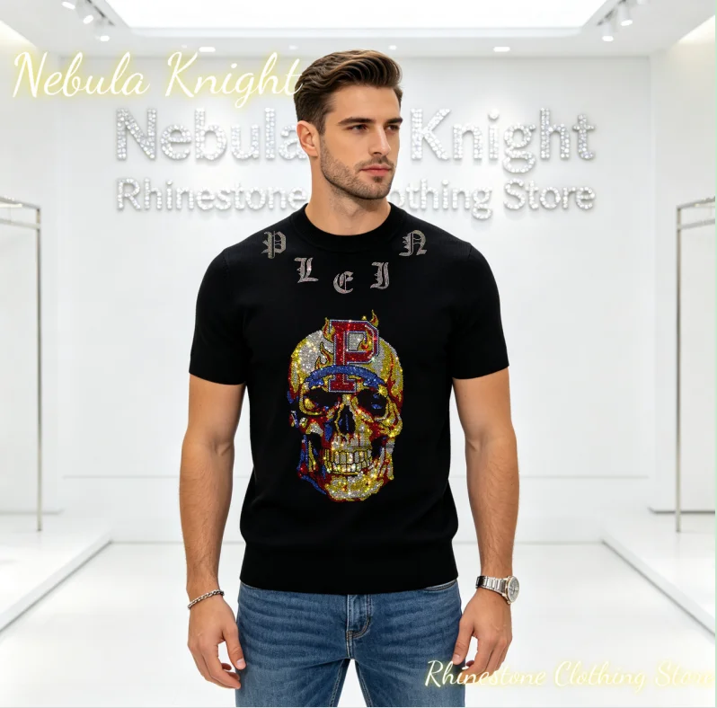 Men's round Neck Short Sleeve T-Shirt Rhinestone Embellished Cotton Casual Summer Fashion Luxury Bling Tee for Daily Wear
