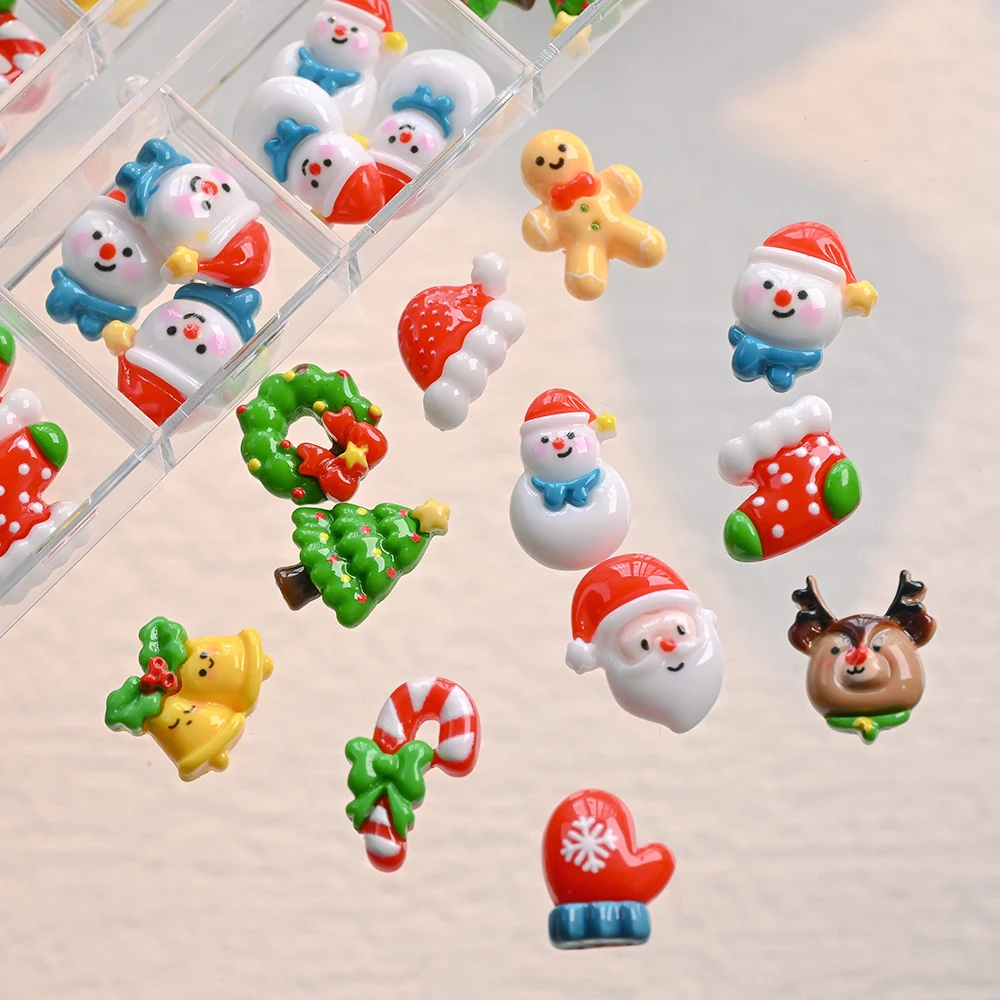 12グリッドかわいいサンタクロース雪だるまネイルアートデコレーション5Dジンジャーブレッドマンクリスマスツリーソックスネイル用品DIYクリスマス用