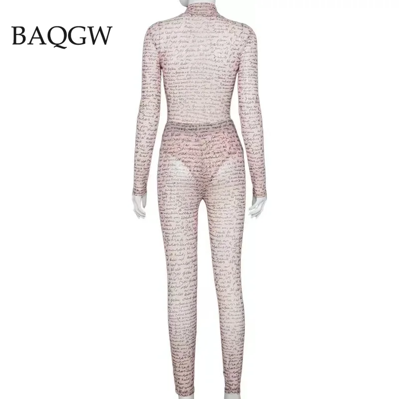 Autum Sexy See Through Mesh Sheer Two Piece Outfits Casual Long Sleeve Bodysuit + Leggings Sweatsuit Party Club Skinny Outfits