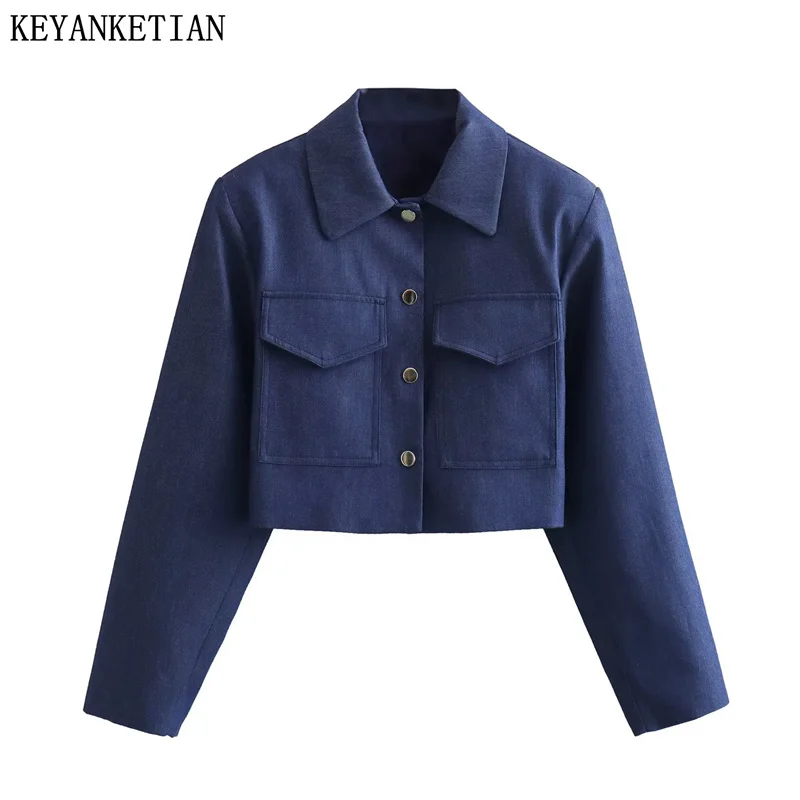 

KEYANKETIAN Autumn/Winter New Women's Cropped Pads Jacket Vintage Snap-Button Turn Down Collar Pockets Crop Top Female Outerwear