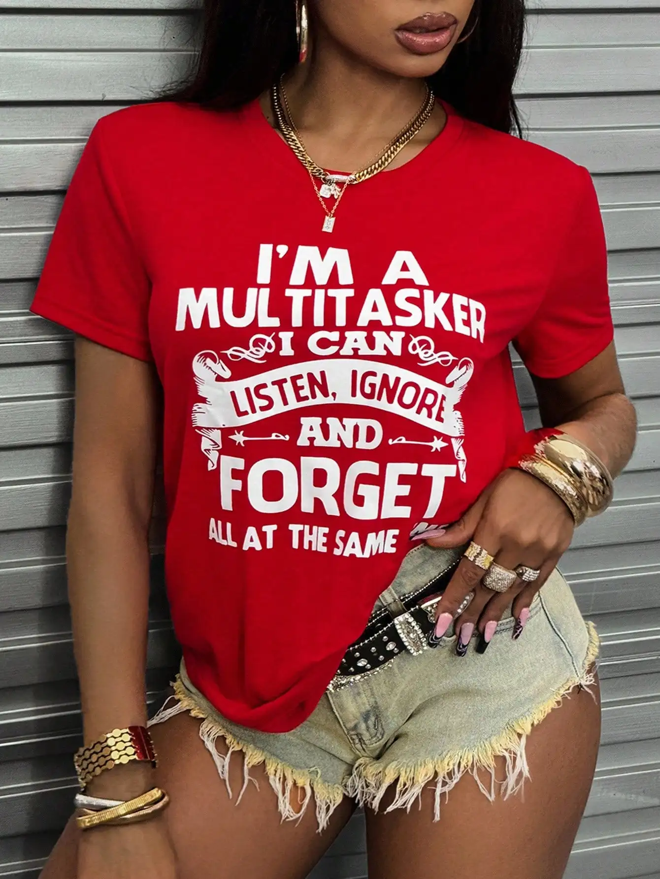 

Red Loose Fit Women's Graphic Tee with Bold English Slogan Print for Summer Casual Wear