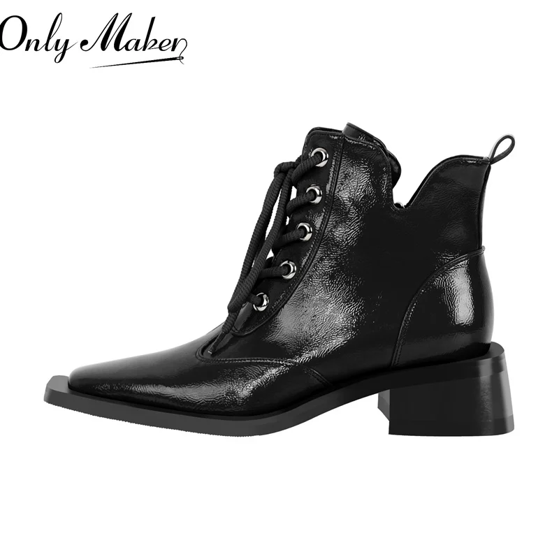 

Onlymaker Square Toe Lace-up Chunky Heel Ankle Boots Side Zipper Fashion Boots