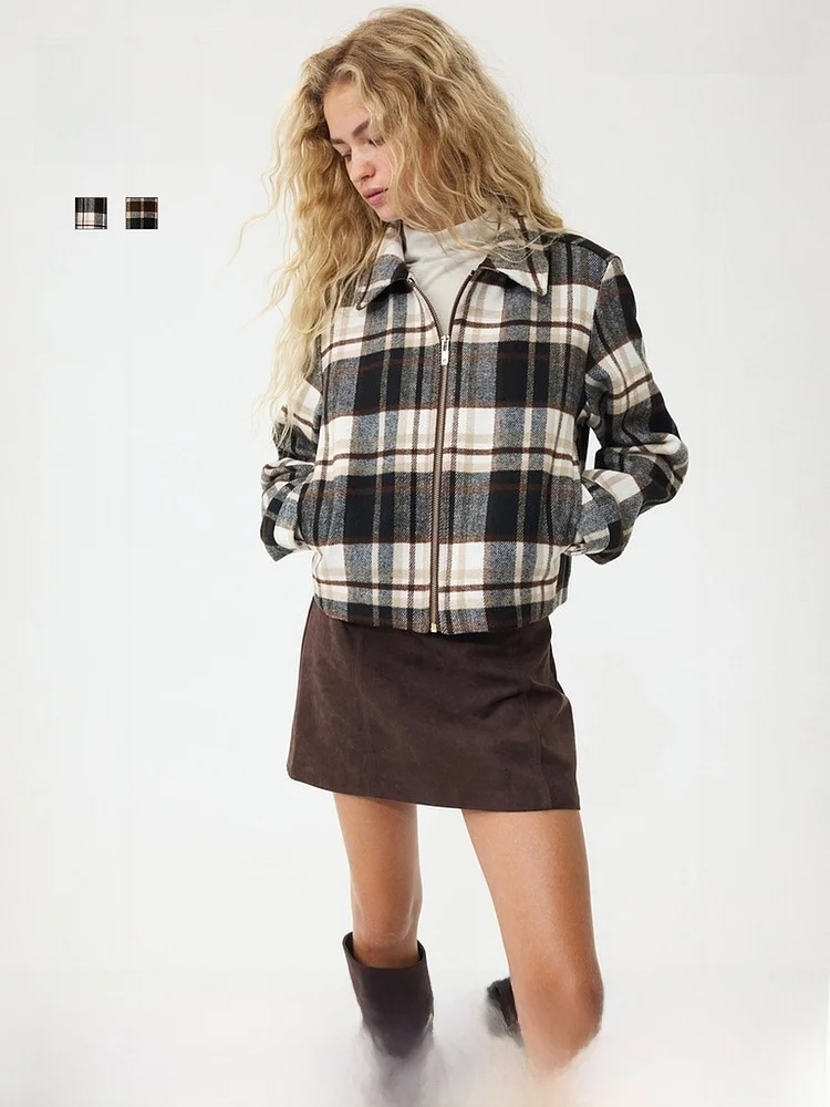 

Женская куртка-рубашка H&M в клетку, летняя, с отложным воротником, в британском стиле, 1298605, короткая верхняя одежда, простой крой, на молнии, полиэстер