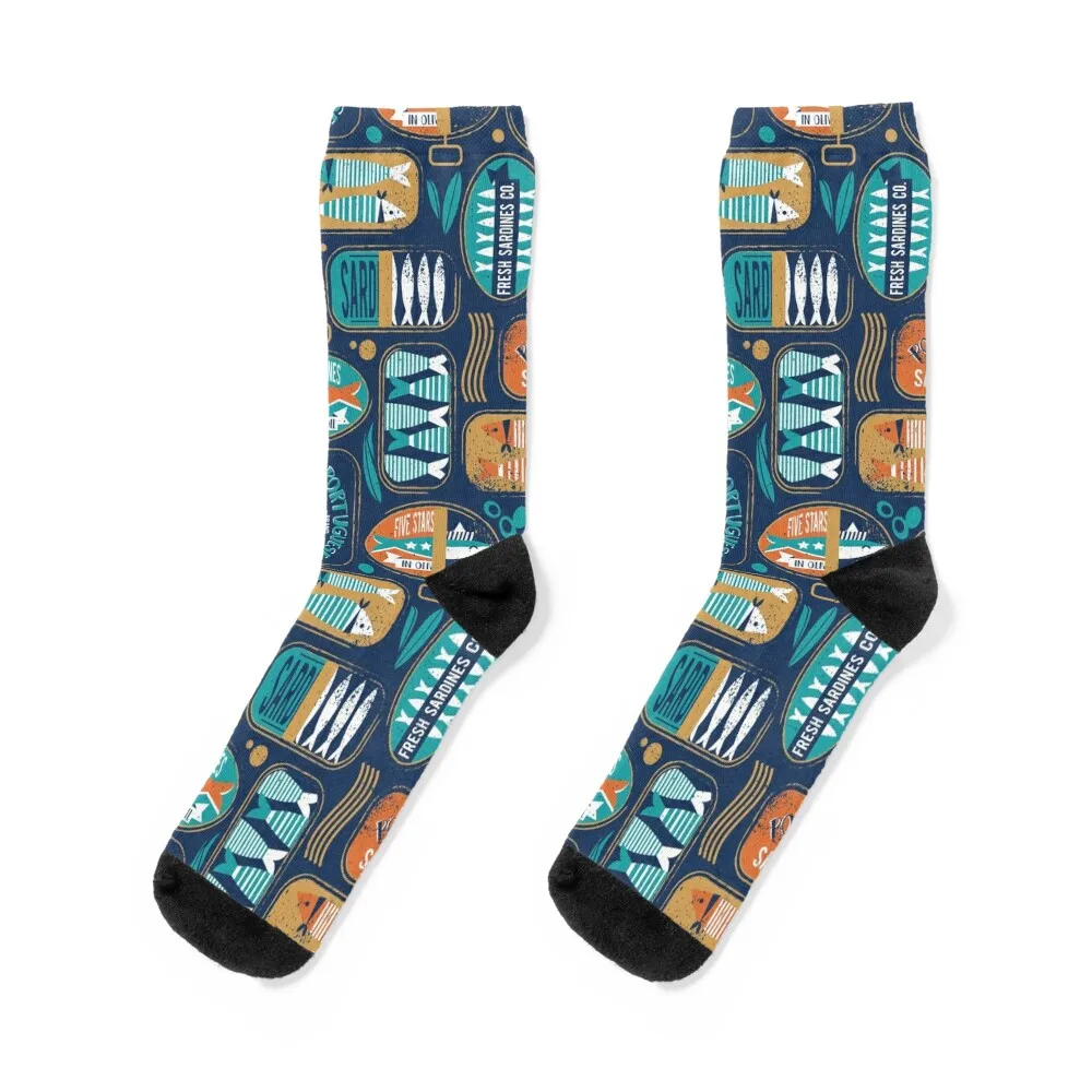 

Vintage canned sardines // navy blue background peacock teal and gold drop orange cans Socks luxury set Socks For Man Women's