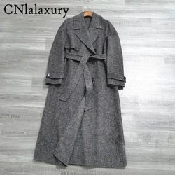 Original Quality 2025 traf women's hand-made wool blend dark grey double breasted long coat belt long double-face wool coat