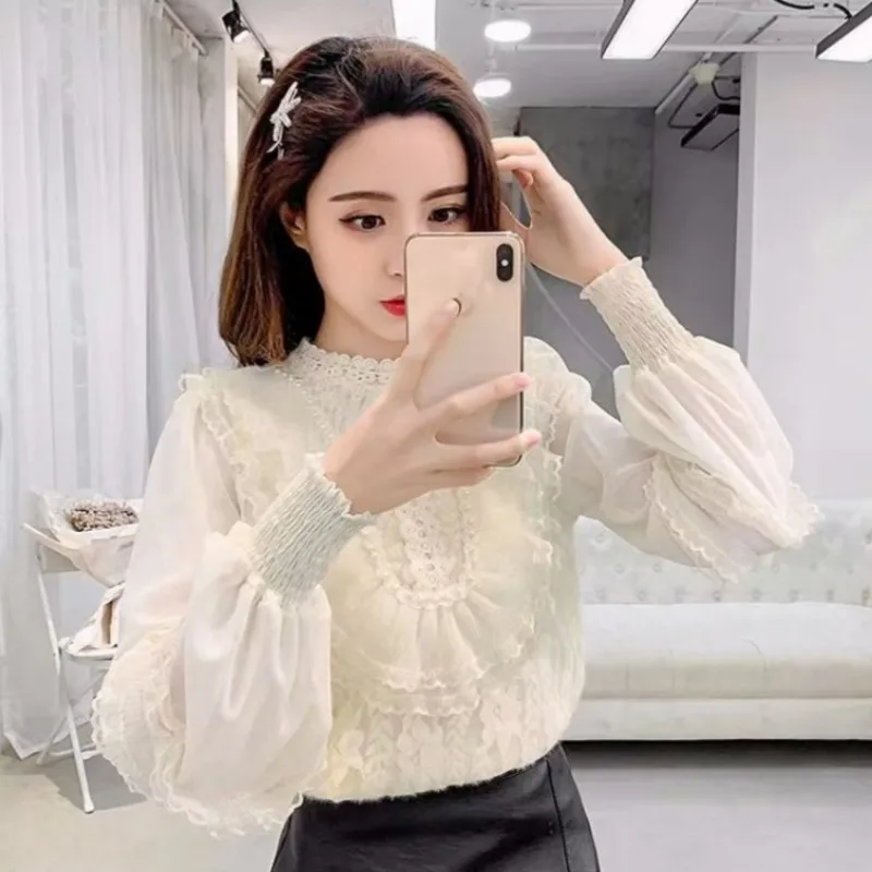 2024 Spring Fashion Embroidered Blouse Ruffle Flower Chiffon Shirt Women\'s Sweet Long-sleeved Stand-up Collar Ruffled Lace Shirt