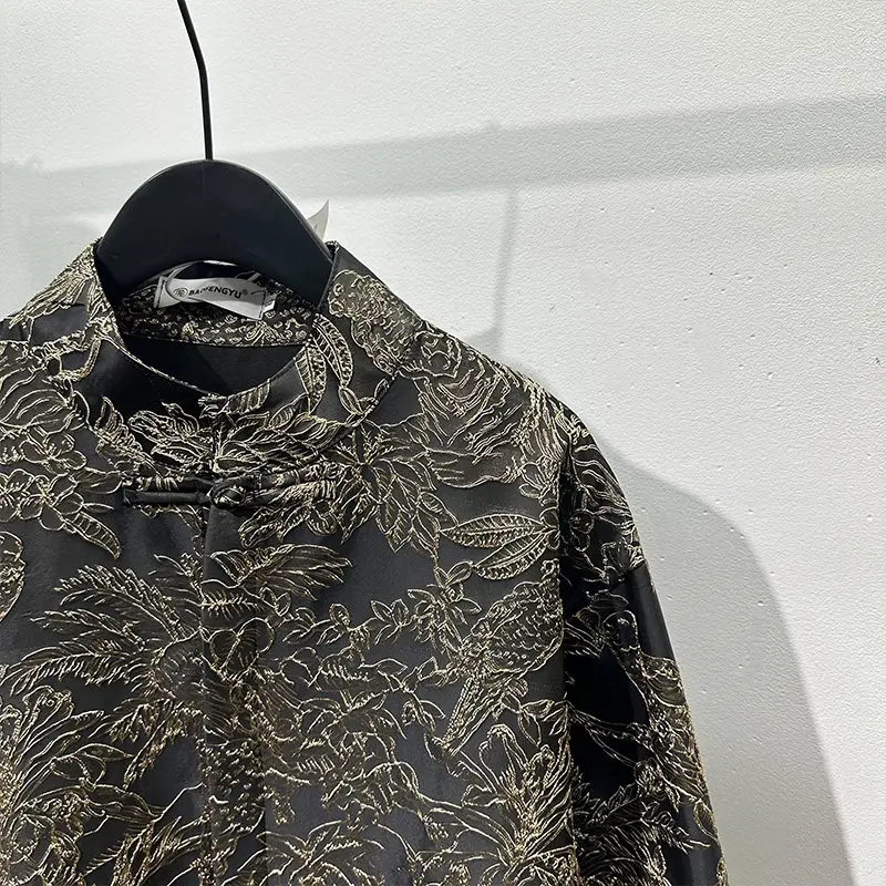 High-End Fashion Three-Dimensional Printing Loose Stand Collar Long Sleeve Shirt Popular Retro Fashionable Ruan Handsome Top