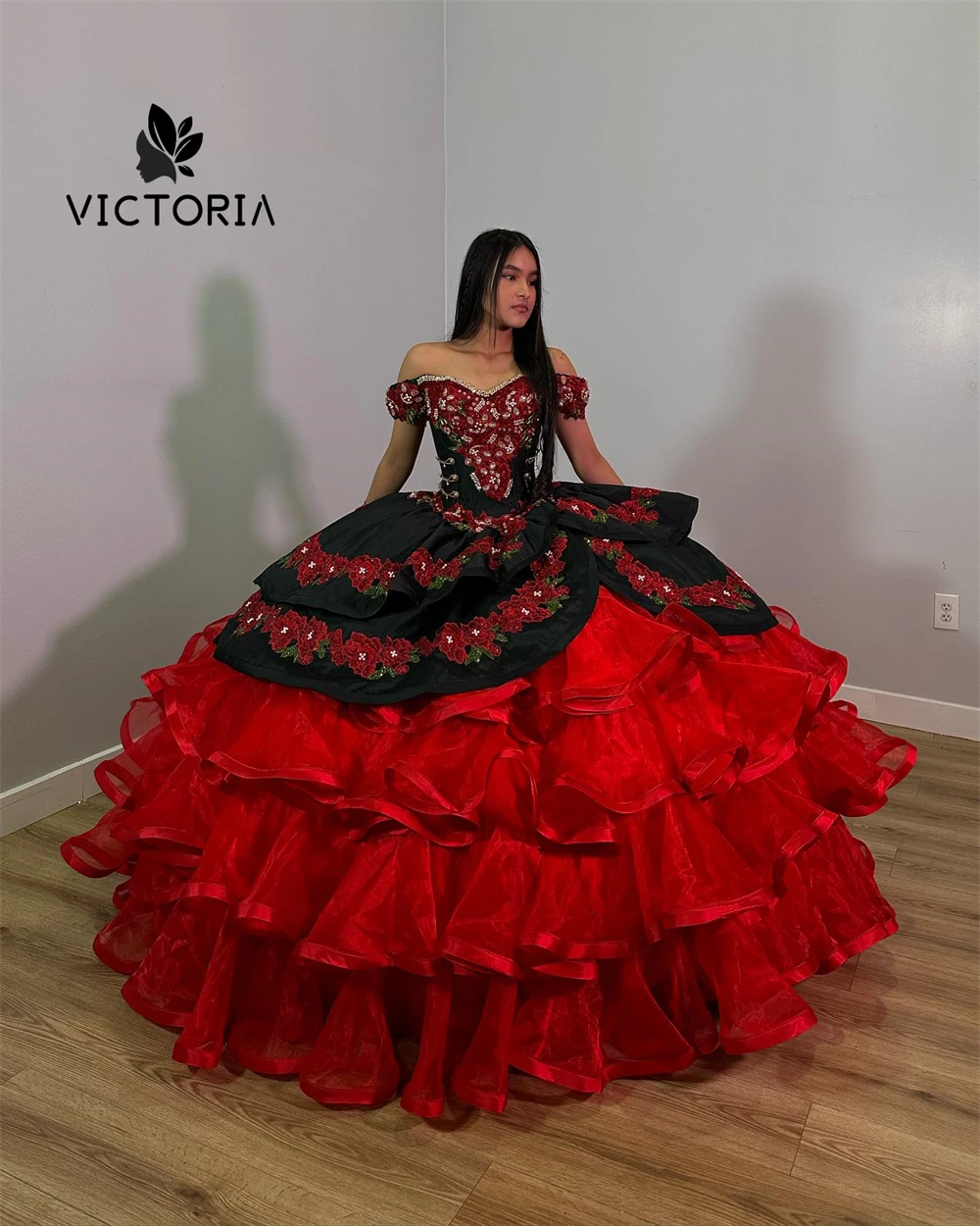 

Pretty Red Rose Embroidery Black Velvet 15 Quinceanera Dresses Mexican Off The Shoulder With Bow Ruffles Ball Gown Customized