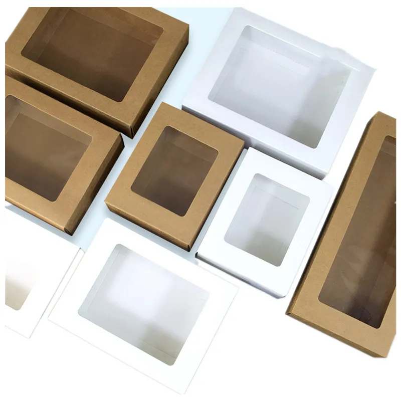 30pcs Kraft Paper Drawer Boxes with Transparent PVC Window Foldable Gift Box for Clothes Socks Towels Wedding Candy Packaging