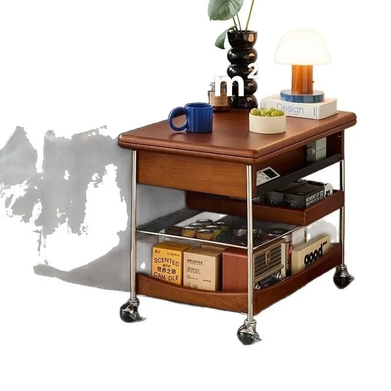 

Solid wood folding coffee table medieval household living room trolley antique small apartment retro mobile sofa lifting storage
