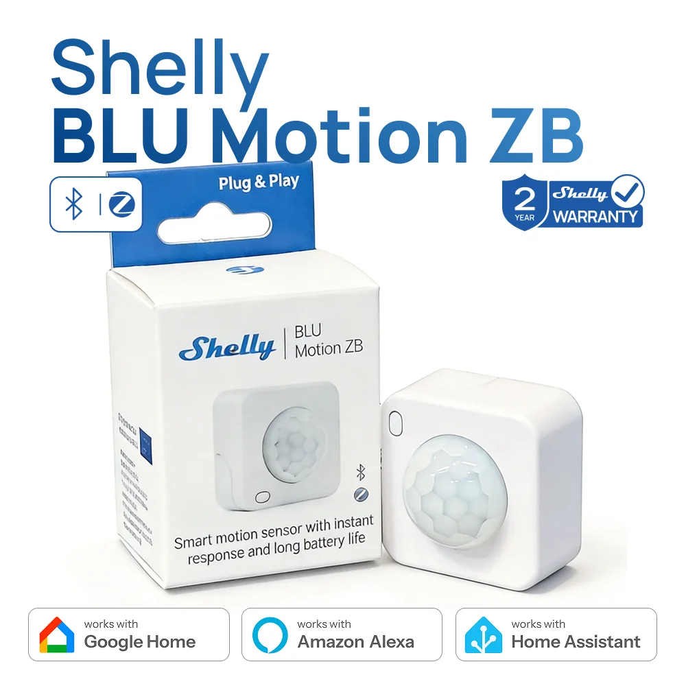 Shelly BLU Motion ZB Bluetooth Detector Zigbee Motion Alarm LUX Sensor 9m Range Secure Encryption Intelligent Scenes