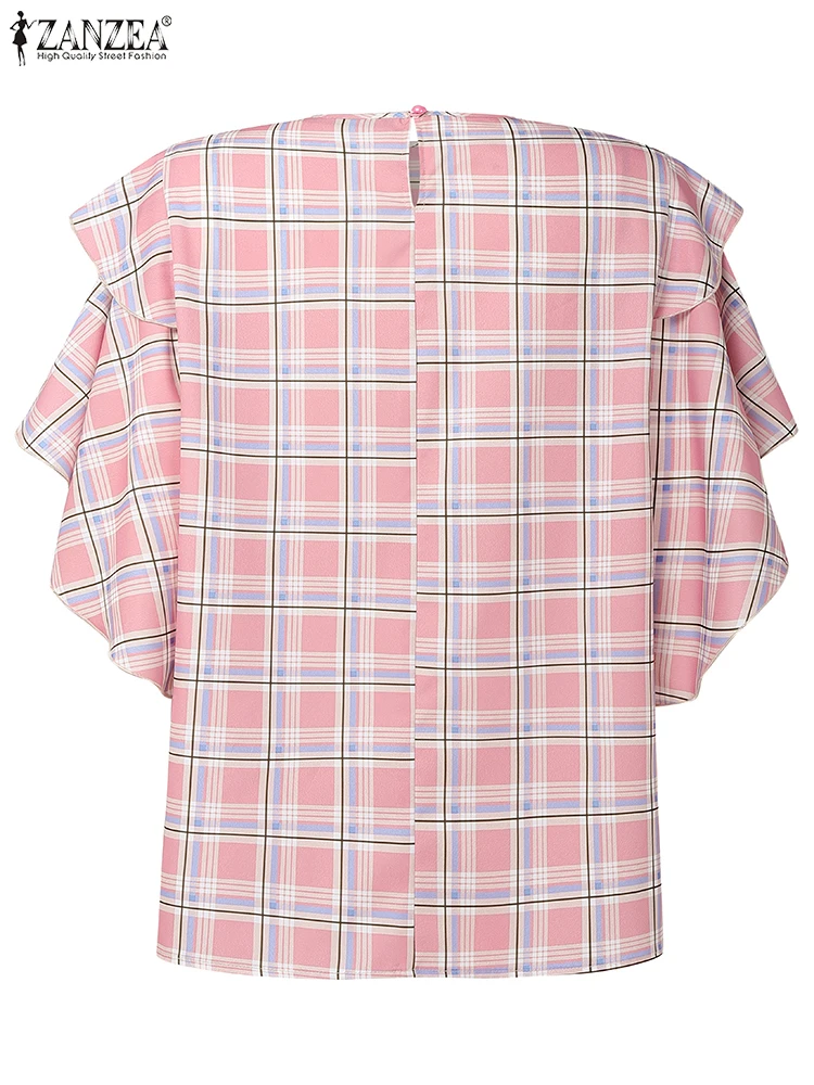 2025 ZANZEA Fashion Ruffled Blouse Women Elegant Office Work Tunic Casual Loose Blusas Printed Vintage Plaid Tops Oversized