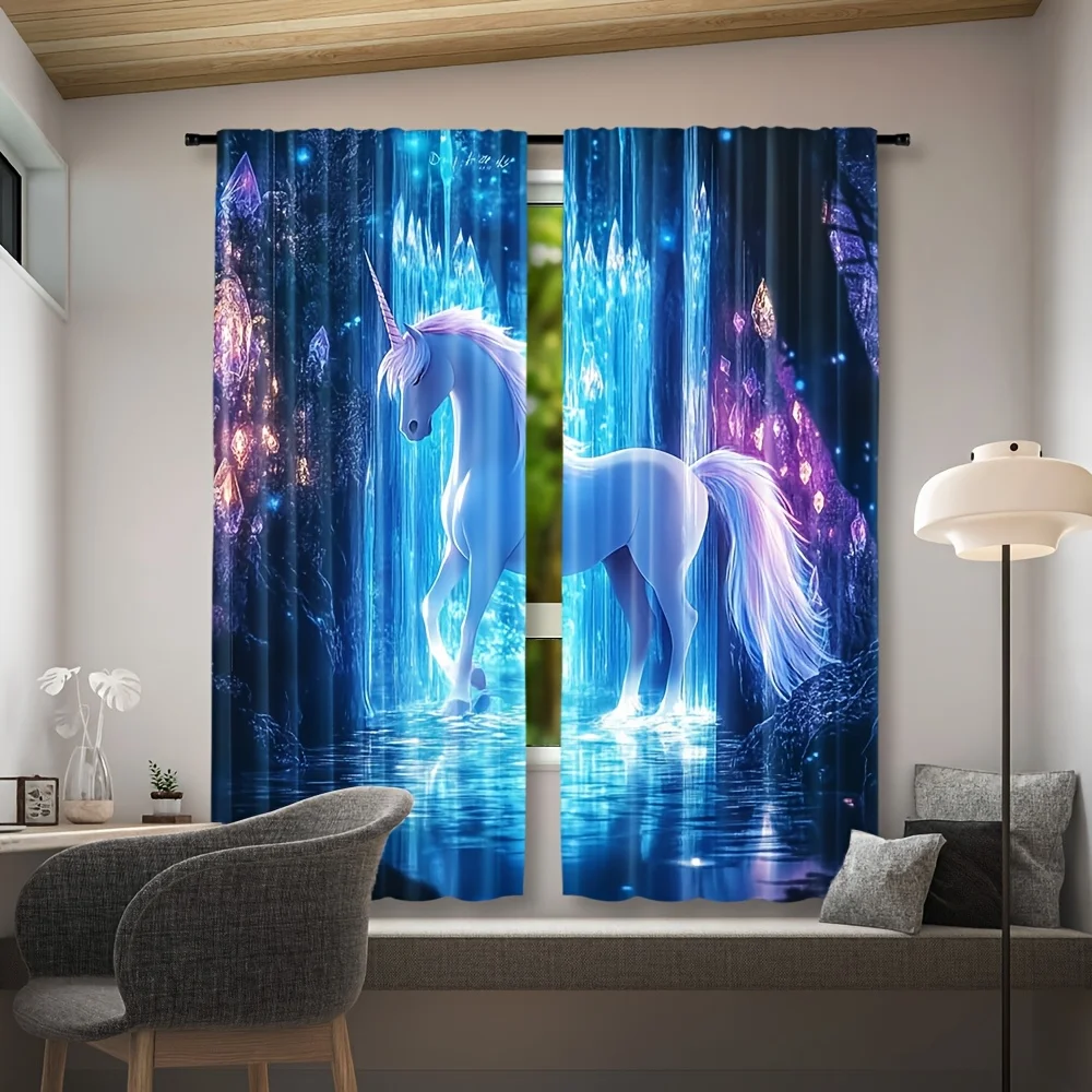 Magical Crystal Cave Unicorn Curtain 2 Pack, Glowing Waterfall Reflection Print Drapes for Girls Fantasy Bedroom Nursery Decor