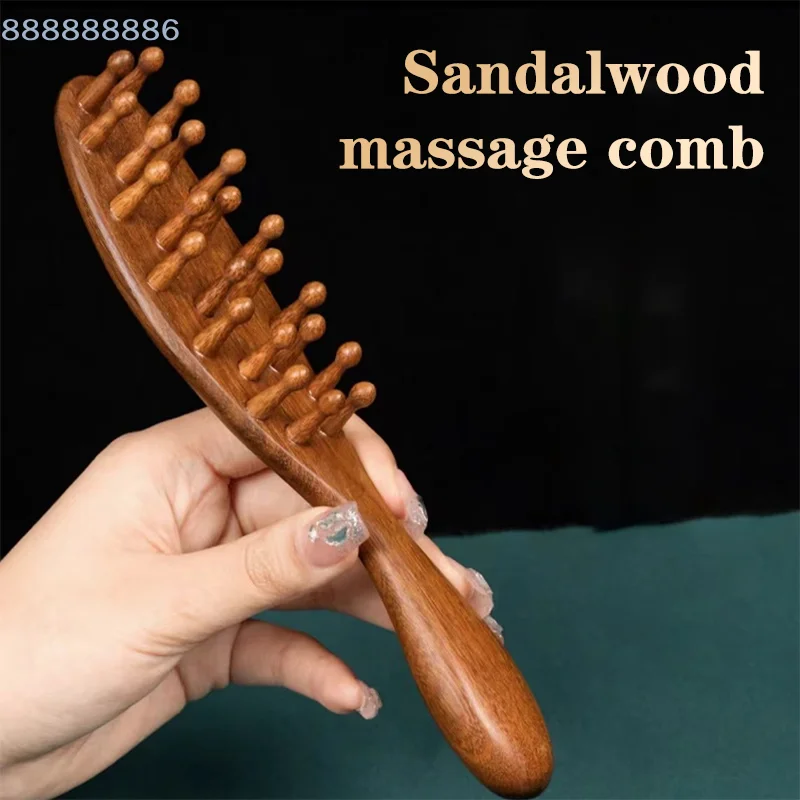 Natural Sandalwood Long Handle Comb Multifunction Insert Teeth Massage Comb 22 Nails Golden Sandalwood Comb Head Meridian Comb
