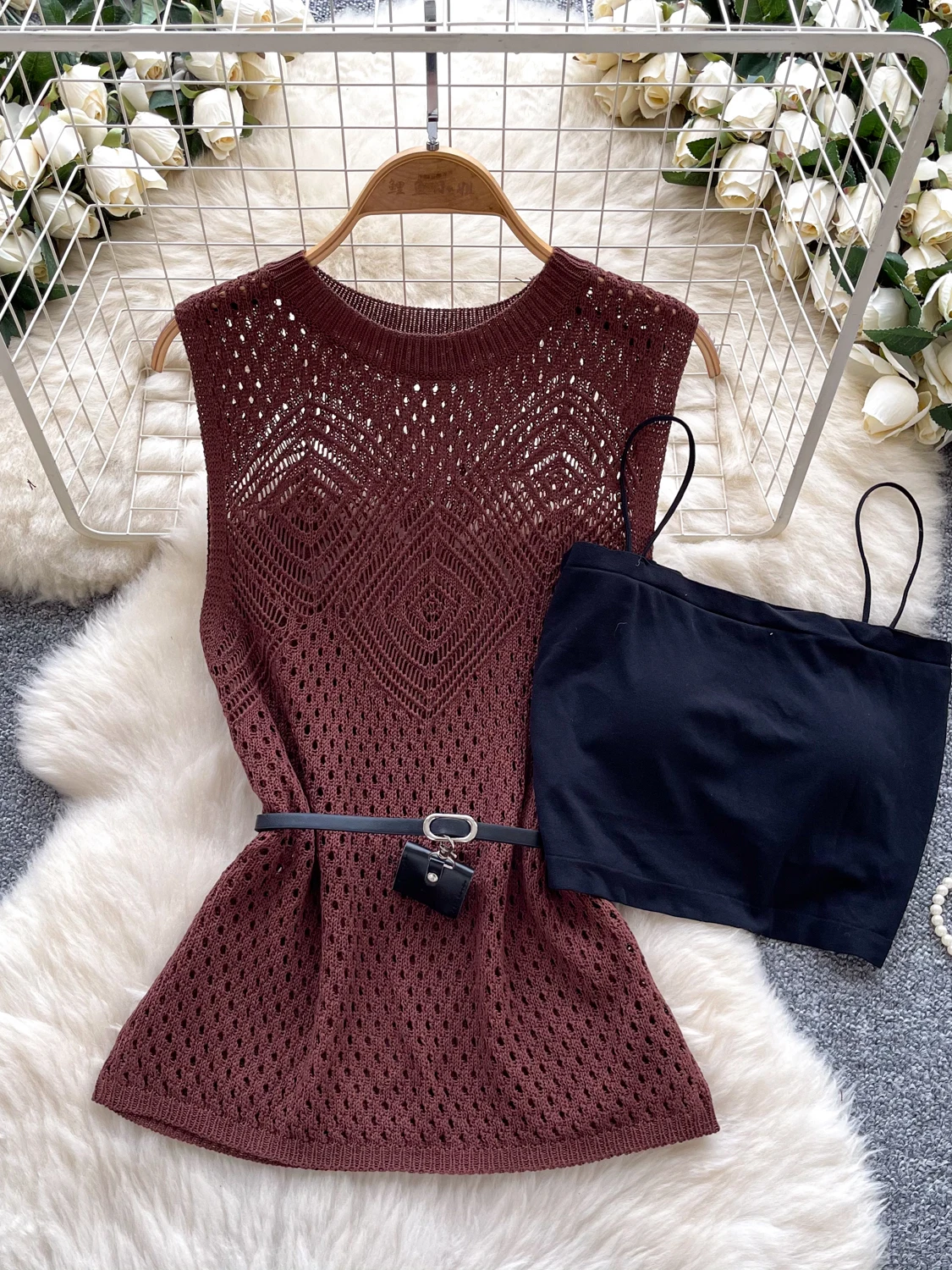 Set da donna estivo lavorato a maglia rotondo scavato Ne Svel Vest Top Set Casual Lazy Sle in due pezzi Ensemble ort Sve