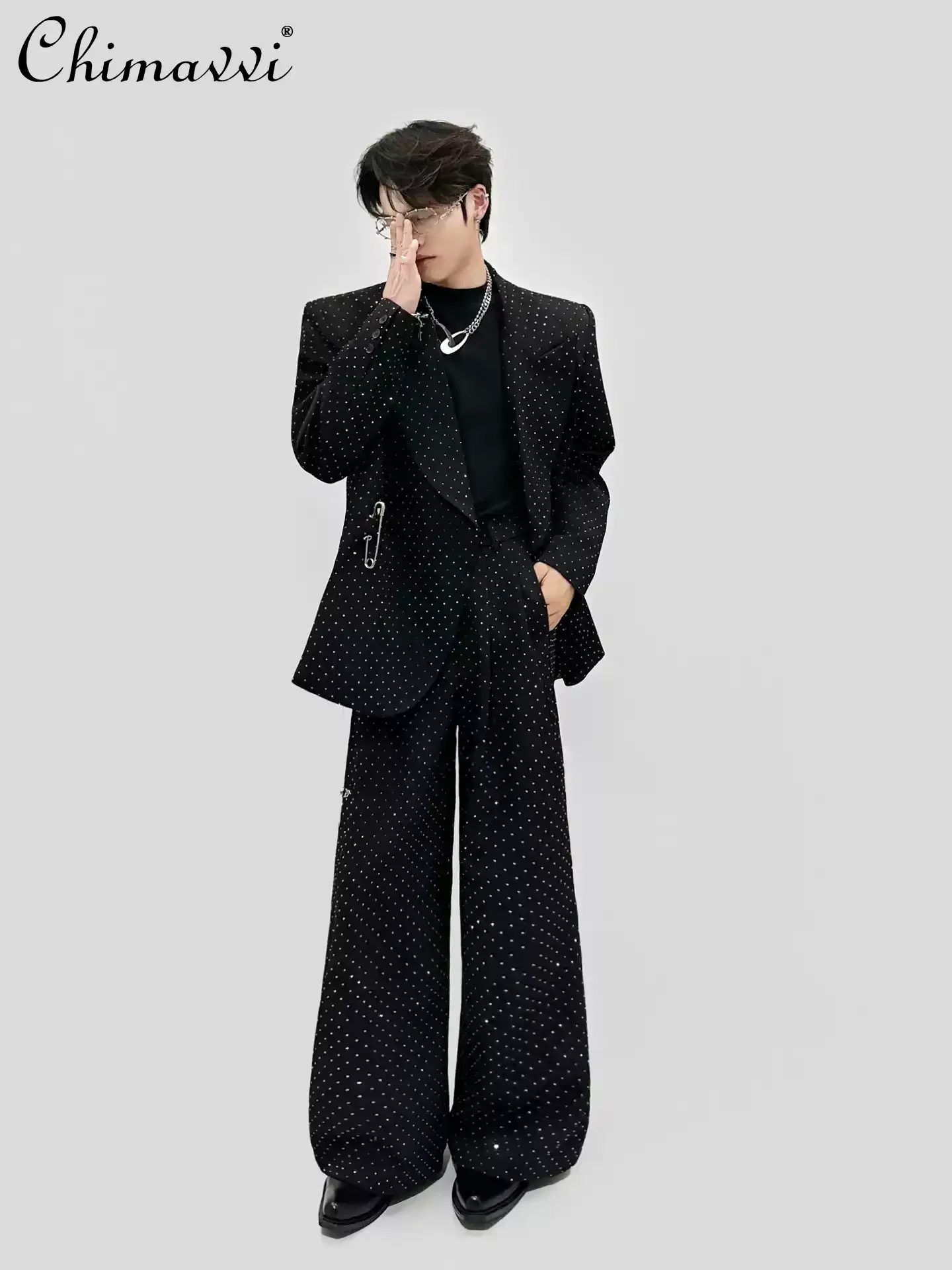 

Fashion High-End Men's Suit Beaded Rivet Long Sleeve Short Blazers High-Waisted Flared Pants Business Two-Piece Sets Men Autumn
