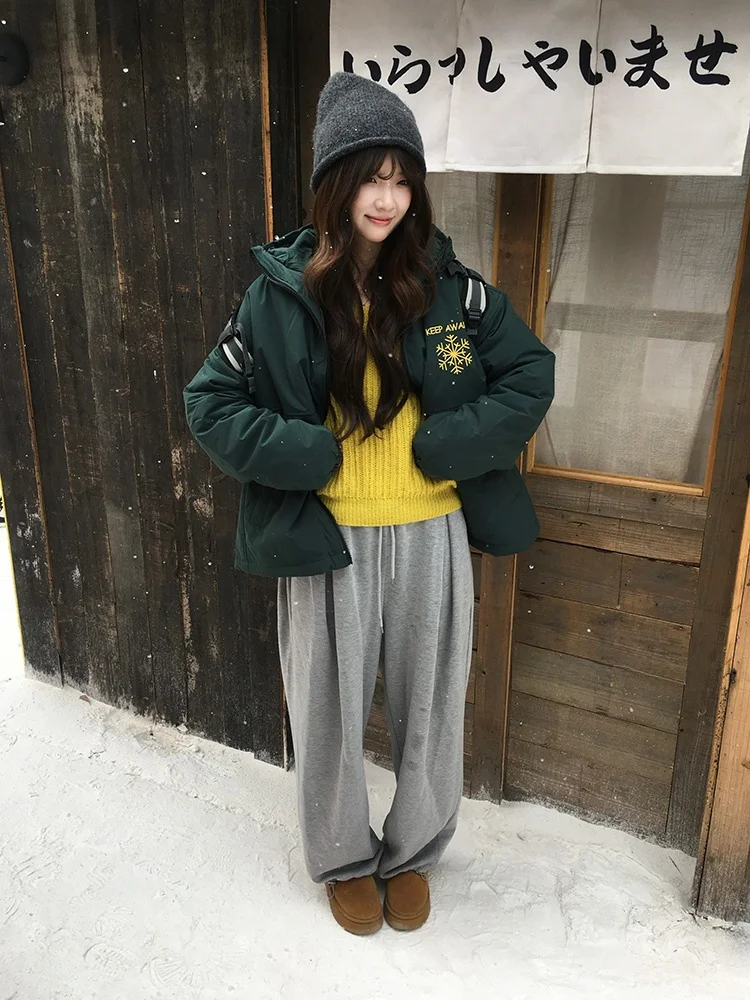 

VOUSALME Winter Thiened Hooded Cotton Jaet Women's Casual Embroidery Warm Outerwear Couple's Sli Commute Faion