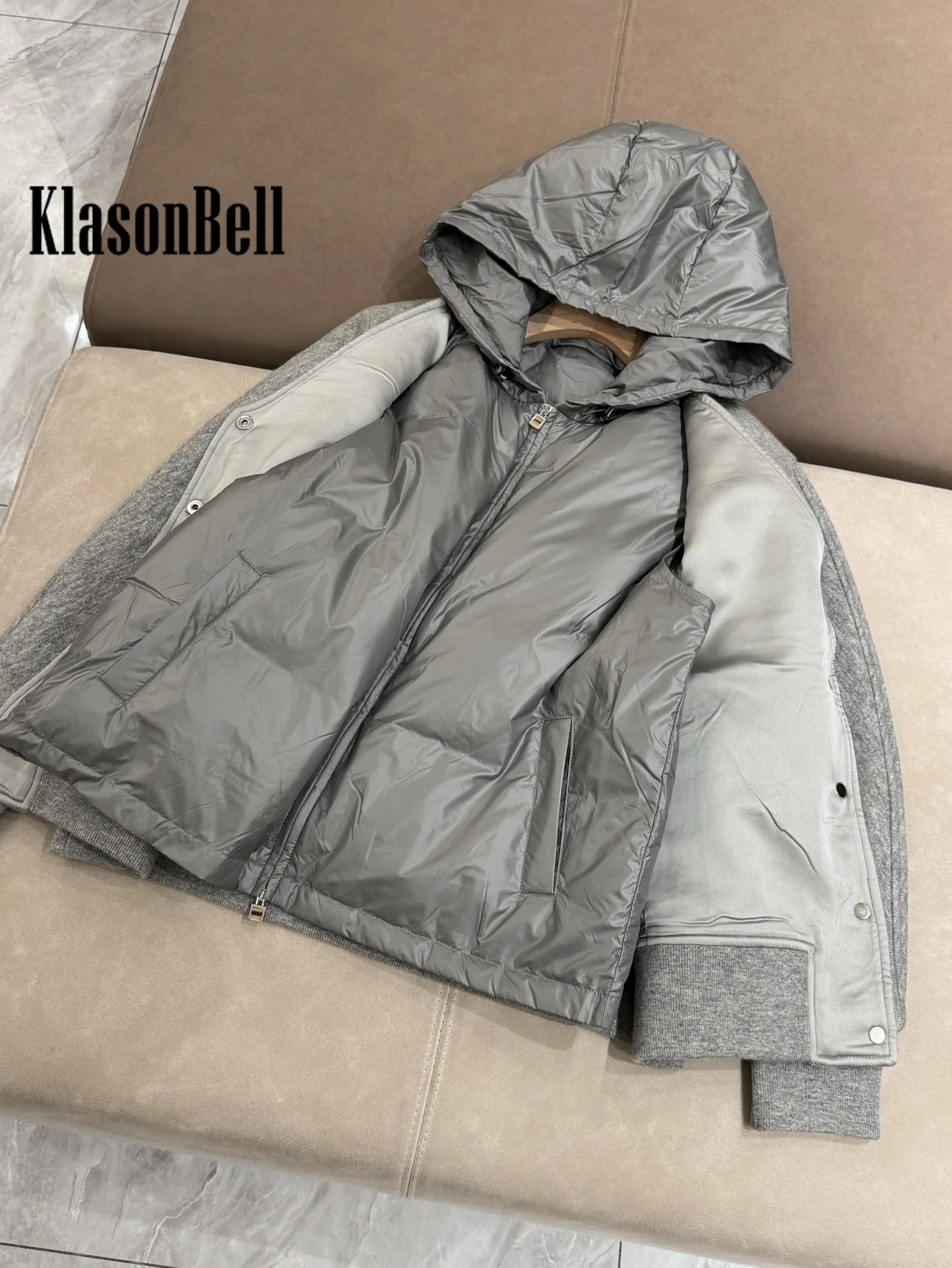 9.24 KlasonBell Women Autumn Winter Keep Warm Goose Down Hooded Vest + Cashmere Knitted Long Sleeve Jacket Coat 2 Piece Set