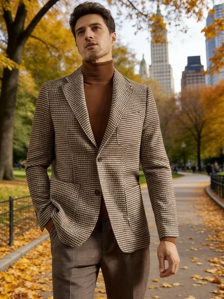 Only Men's Houndstooth Blazer 1PCS Luxury Peak Lapel Fall Winter with Pockets Slim Fit Blend Jacket For Classic Business Casual