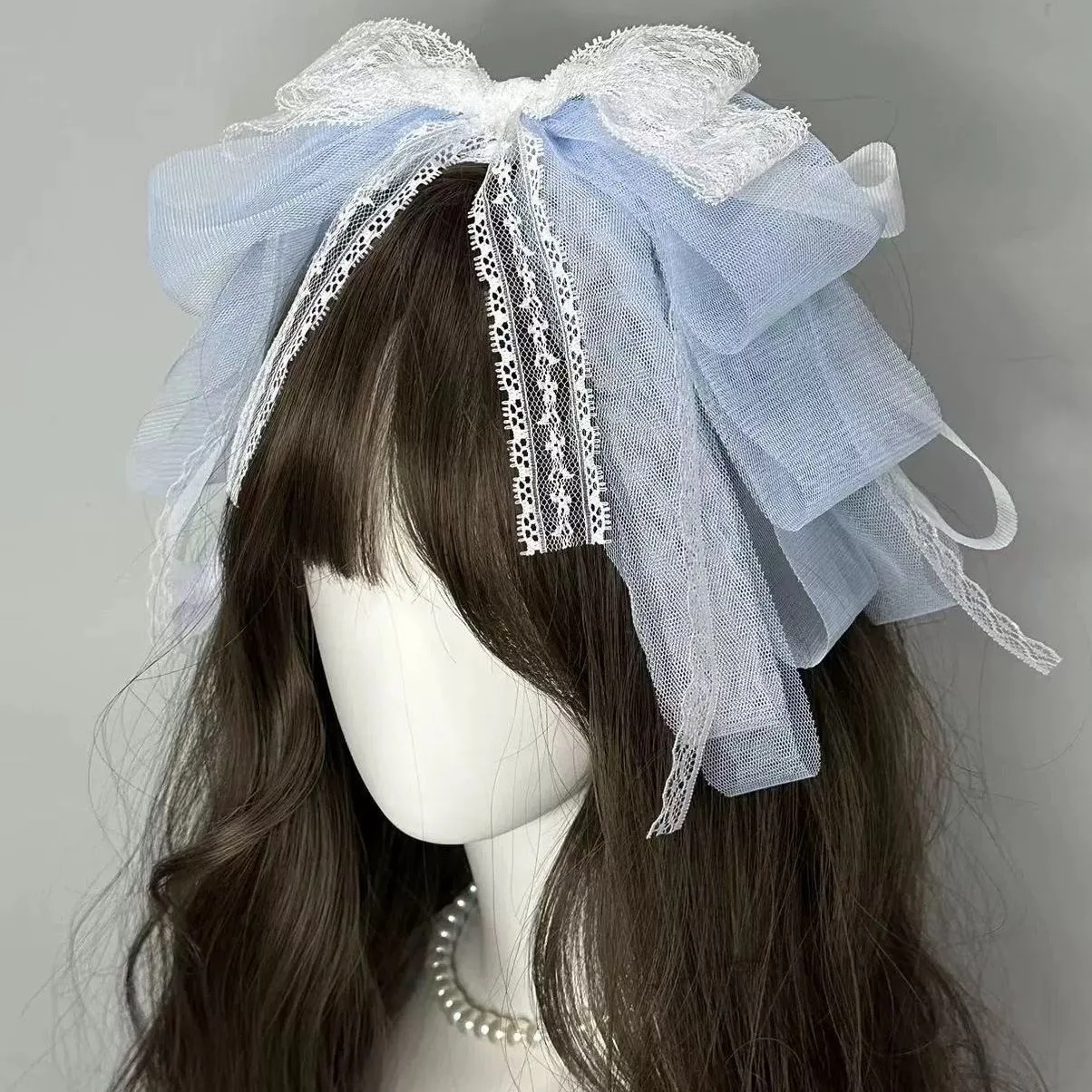 Diadema de encaje Vintage con lazo grande para el cabello, tocado de hadas, tocado de Lolita, accesorios para tiro callejero, Blanco/azul