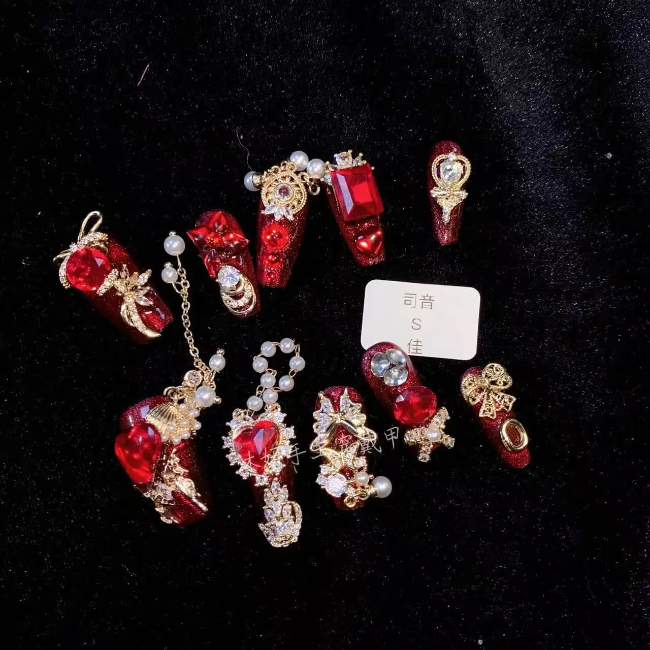 Luxury Vintage Wine Red Metallic Glitter Handmade Press On Nails, Heavy Gold Plated Butterfly Red Rhinestone Pearl Dangling Chai