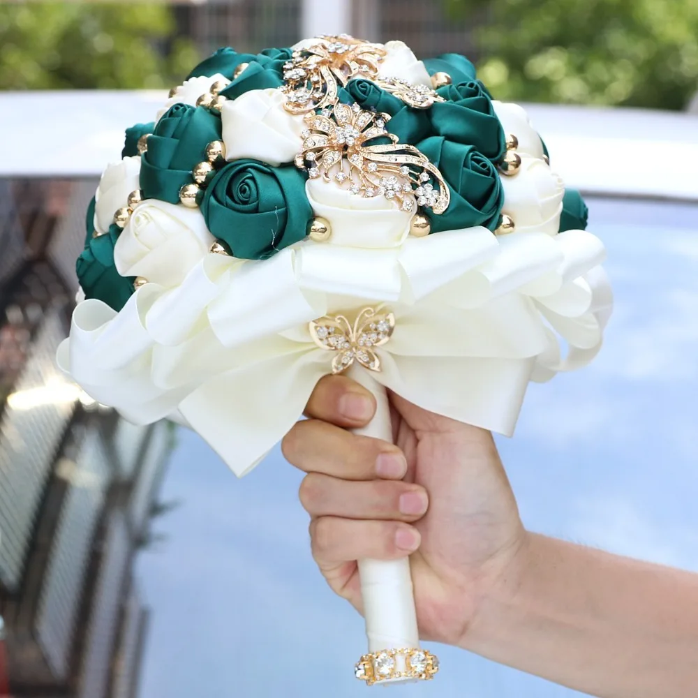 1Pcs Bridal Handmade Bouquet Rhinestone Satin Ribbon DIY Wedding Bridesmaid Hand Flower Wedding Party Decoration Photo Props