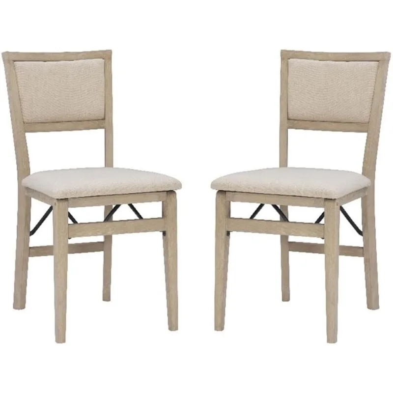 Keira Set of Two Folding Chairs Beige Fabric Seat & Back in Graywash Wood