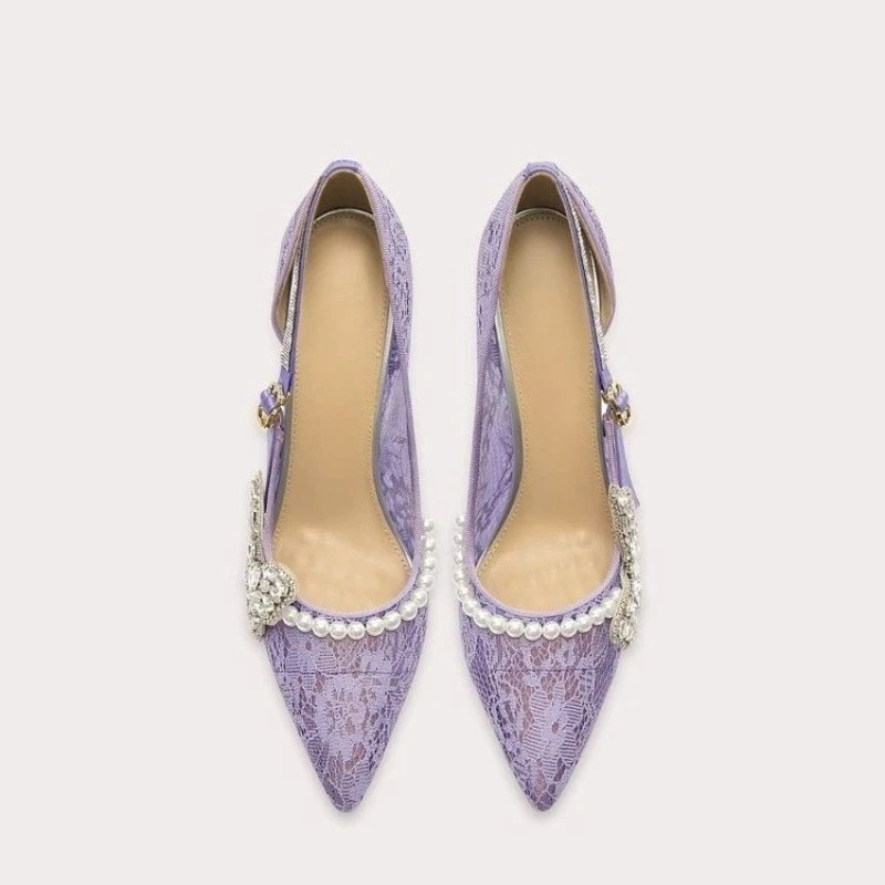 2026 Spring/Summer Mesh Breathable Cutout Stiletto Single Beautiful Crystal Bow Heels