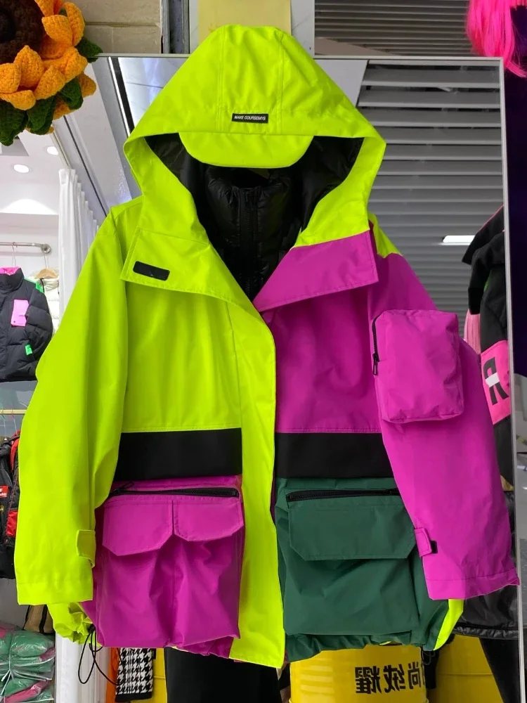 Plus Size Thickened 90 White Duck Down Jacket Fluorescent Green Contrast Color Large Pocket Loose Mid-Length Downs Coat Women