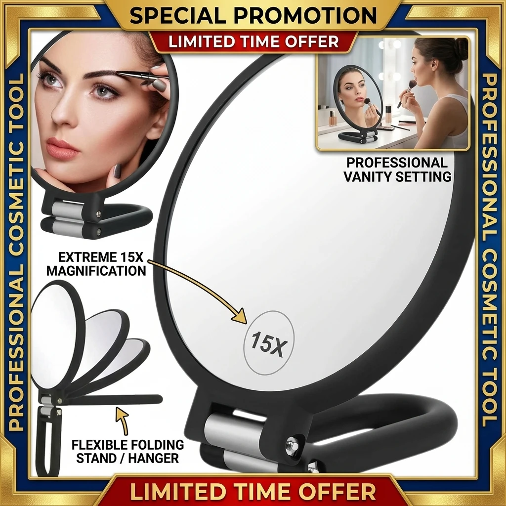 Magnifying Handheld Mirror ,Travel Folding Hand Held Mirror,Double Sided Pedestal Makeup Mirror with 1/2/5/10/15x Magnification