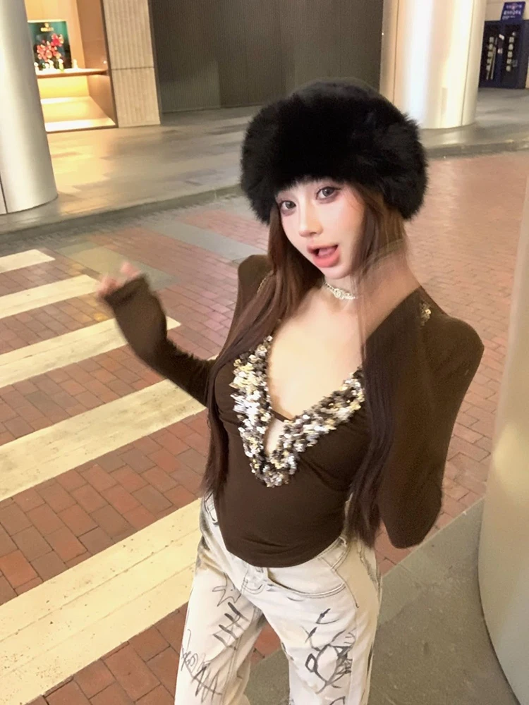 Fashion Sequins Patchwork T-Shirt Women Korean Sexy V Neck Long Sleeve Slim Top Y2K Harajuku Streetwear All Match Female Tees